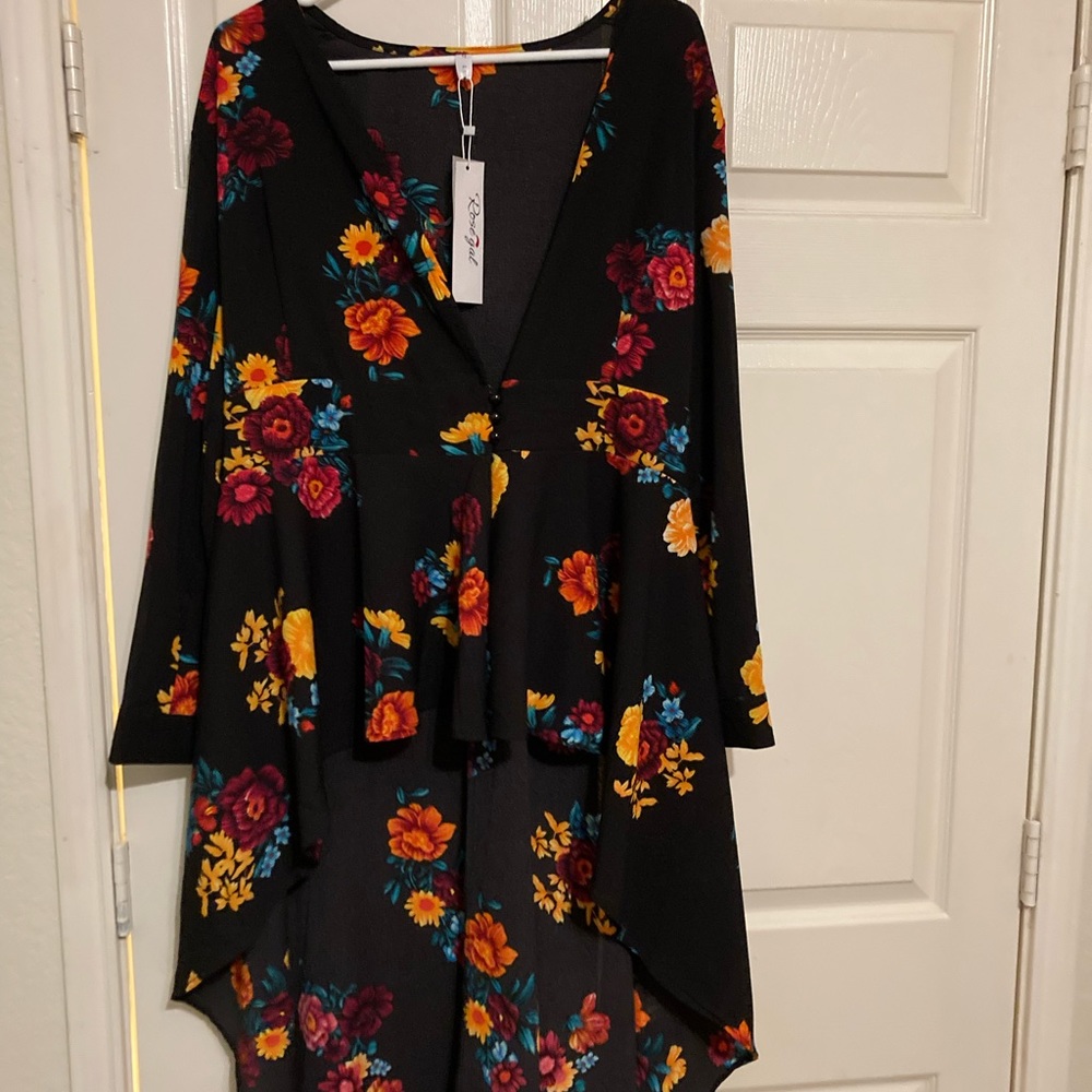 Plunge High Low Floral Maxi Blouse - Black